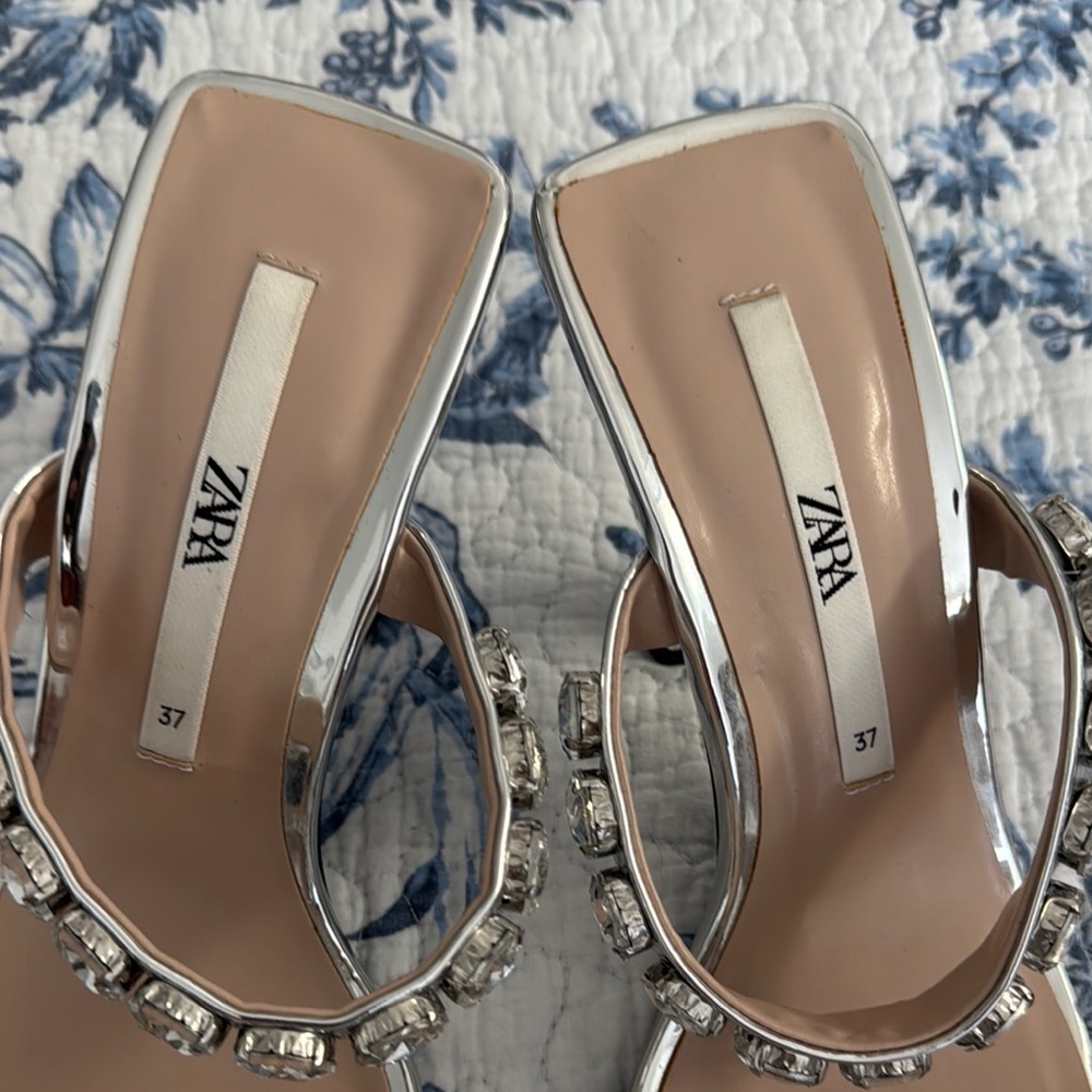 Zara Silver Metallic Jeweled Heels - Picture 2 of 12